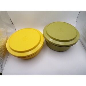 Vintage Tupperware Round Food Storage Container Set Yellow Green 1253 1252
